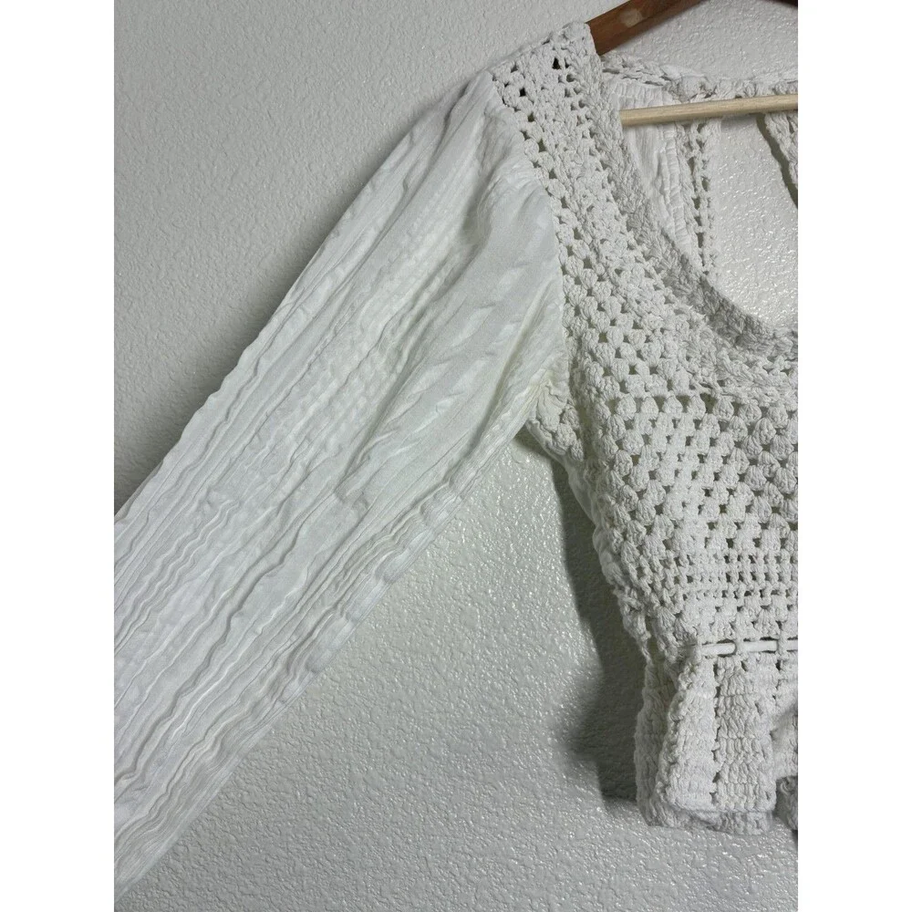 Free People Megan Crochet Top Womens Small White Cropped Bell Sleeve Boho Top